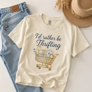Comfort Colors I’d Rather Be Thrifting T-Shirt, thrift aesthetic Tshirt, blue and gold vintage decor cart, thrifting graphic, boutique style T-Shirt - TrendWear USA