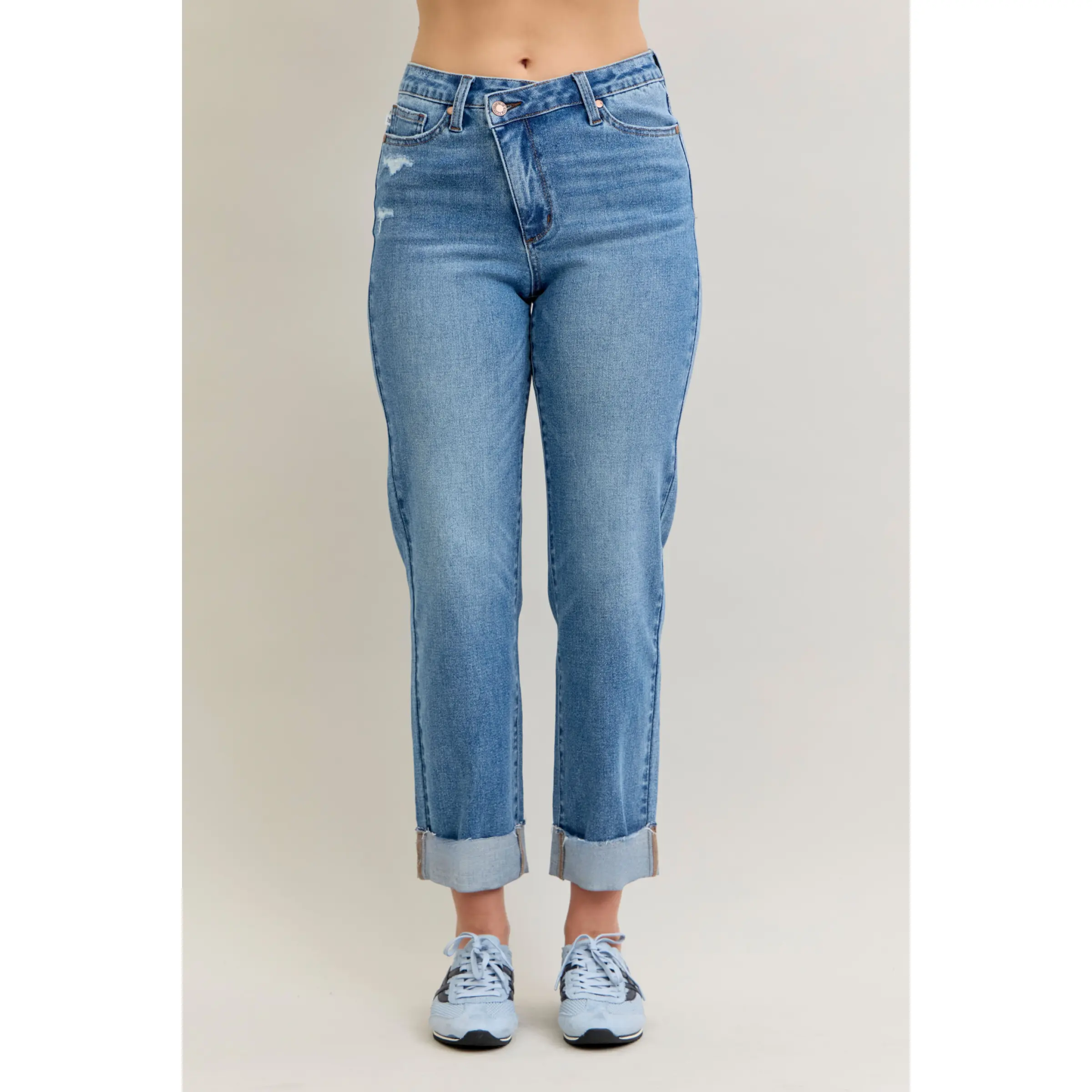 Judy Blue Women's Boyfriend Jeans | High Waist Criss-Cross Bottoms in a Soft Cotton Spandex Blend with Mild Distress, Elastane, Baggy, Cotton Blend