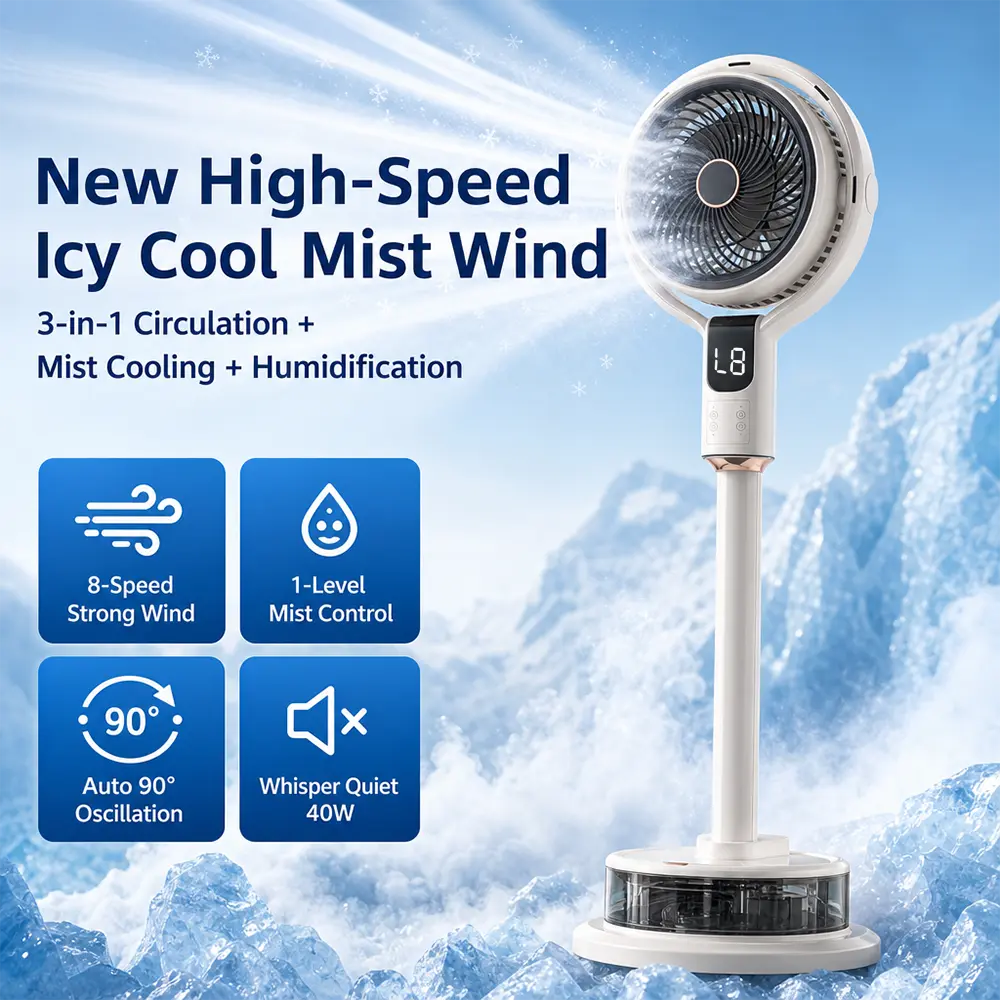 TAZTIR 40W Misting Fan. Portable Cooling Mist Fan With Humidifving And Coolinn Air Girnulation Soray Fan Flnnr Fan Adiustahle Heinht 2.4L Water Tank Remnte Control, Silent Swinging. High-speed Cooling , Suitable For Home. Bedroom, Office, Garden