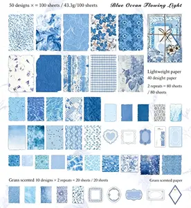 Vintage Special Texture Paper Kit Multi-shaped Aesthetic Scrapbooking DIY Craft Background Papers 50 Designs 100 Sheets Blue Ocean Flowing Light
