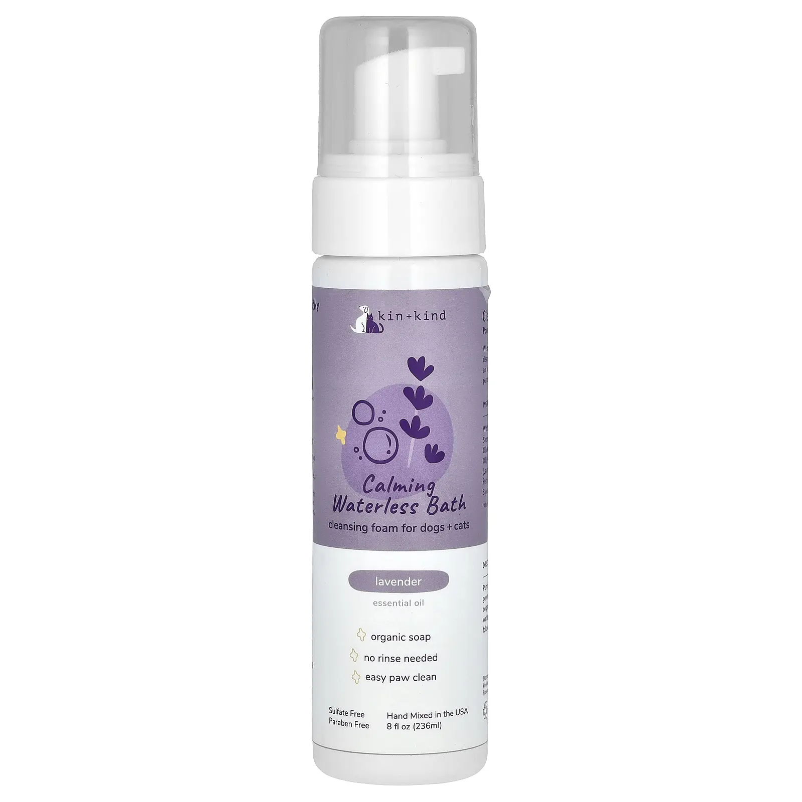 Kin+Kind Calming Waterless Bath, Cleansing Foam For Dogs + Cats, Lavender, 8 fl oz (236 ml)