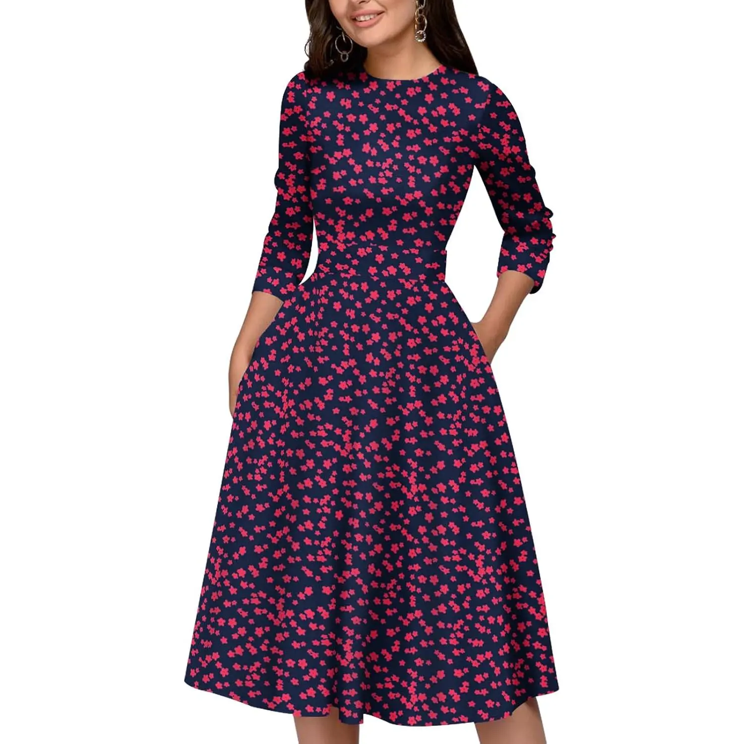 Womens Floral Vintage Midi Dress 3/4 Sleeve| with pockets, Fit and flare aline, Knee-length, Church, Semi-formal, Wedding guest, Retro tea party & derby outfits