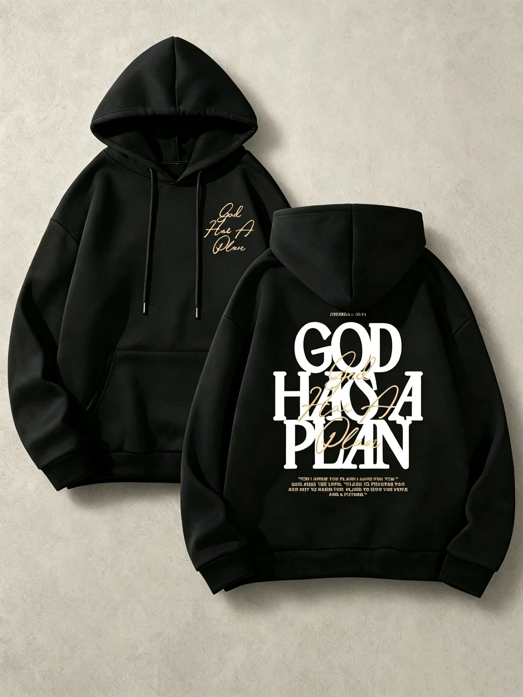 God Has A Plan Double Sided Print Hoodie, 270G Brushed Fleece Front Chest Gold Cursive Script & Back Stacked Bold White Letter Bible Verse Black Hooded Sweatshirt, Elegant Minimal Christian Streetwear Pullover For Men & Women