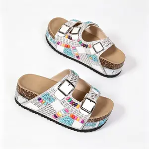 Sparkly Rhinestone Platform Slides Summer Open Toe Sandals Double Buckle Comfortable Wedge Slippers Bohemian Beach Vacation Shoes