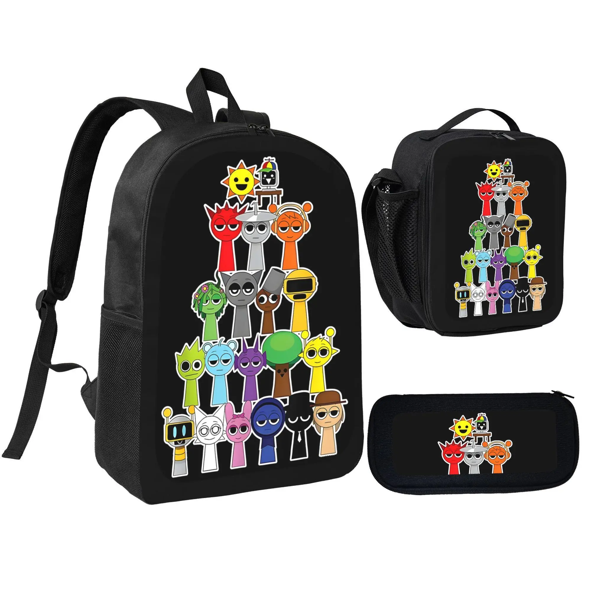 Sprunki 3 In 1 Backpack Set, Polyester Large Capacity Bookbag With Lunch Bag And Pencil Case, Lightweight Portable Travel Daypack, Rhythm Game Character Print Daily Use Backpack Gift