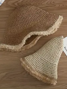Women's Summer Beach Straw Hat, Large Brim Sun Protection Cap, Foldable Handmade Fisherman Hat, Casual Outdoor Accessory, Handcrafted Cap