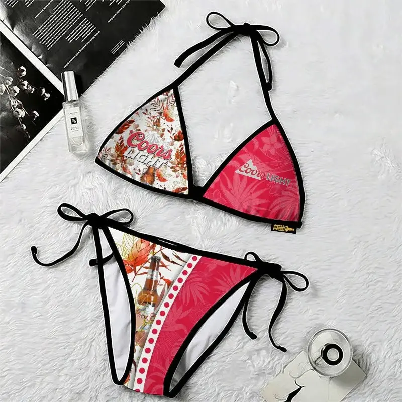 Women's Coors Light Pink Flower Triangle 2-Piece Beach Bikini Set, Sports & Outdoor Swimwear