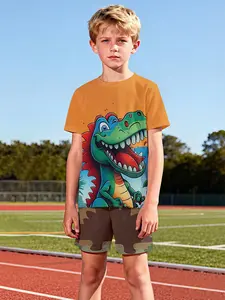 Chengqu Tyrannosaurus Rex Roar Two-Piece Set (Short Sleeve & Shorts), 100% Polyester Casual Loose Fit Outfit, Fun Printed Patterns for Summer, Outdoor Sports T-Shirt Set, Perfect Gift for Boys