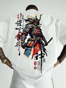 Men's Samurai Print Round Neck Short Sleeve Sporty Streetwear T-Shirt, Comfortable Casual Fit for Summer & Spring, Versatile Multi-Purpose Tee