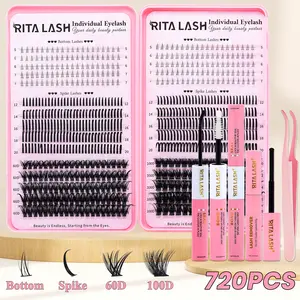 RITALASH 720Pcs Eyelash Clusters Lash Kit Gift Packs with Bond&Seal Cosmetic Eyelash Extension Glue Volume Soft Extension False Eyelash D Curl Wispy Natural DIY Individual Eyelashes for Beginners Bulk Pack Makeup Eyelash