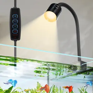 Aquarium Light, for Fish Tank Lighting and Decoration. Features 3 color modes (yellow, warm white, white), timer function, adjustable rotation angle, and clip-on design. Suitable for aquatic plants, ecosphere jars and corals.