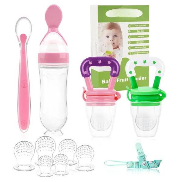 Summer Spring Gift Baby Fruit Feeder Pacifier - 5 Pack | 2 Mesh Infant Food Feeder Pacifier & 1 Baby Food Dispensing Spoon | Fresh Fruit Teethers for Babies |Shower Gifts for Boys and Girls (Pink & Green)