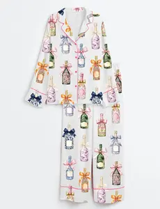 Champagne And Bows Wedding Short Sleeve Satin Pajama Set, Wedding Party Satin Pajama, Christmas Party Wedding Women Champagne Bows Gifts