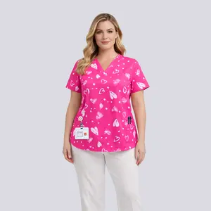 Cimmuovere Women's or scrubs Valentine's Day Hot Selling V-neck Nurse/Doctor Uniform Short-Sleeve Shirt, Heart Pattern, Laboratory Short-Sleeve Shirt, with Pocket Design brillant affordable  sets uniformed enfer meria 9  pockets Vintage