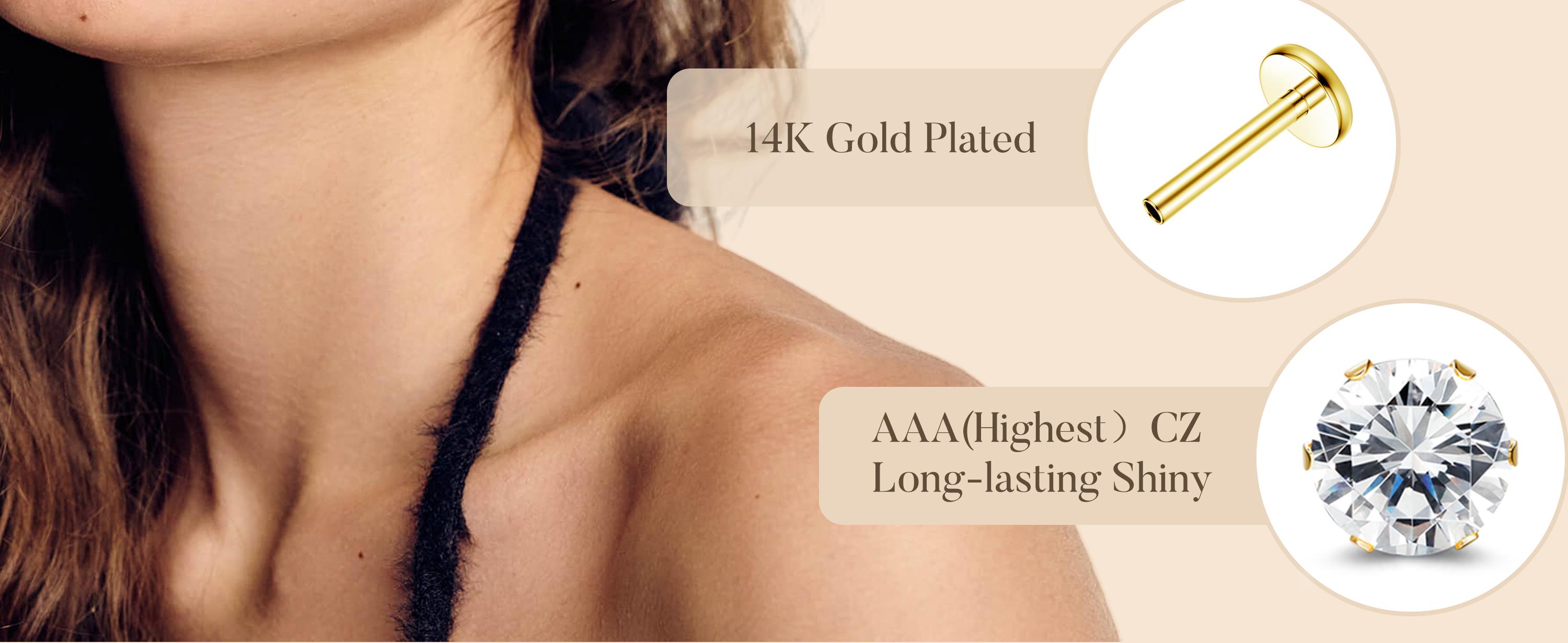 ORAZIO Small Flat Back Earrings Push in Studs for Women Men Hypoallergenic 14K Gold Plated Surgical Steel Threadless Hoop Cartilage Set for Multiple Piercings