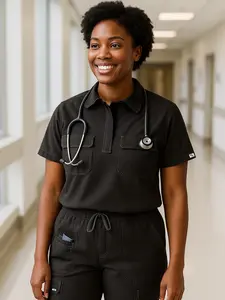 10- pocket Black Scrub Set- Water Resistant + Breathable Scrub Set Stretchy Womenswear