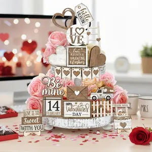 Valentine's Day Multi-Layer Tray Decor Set, Farmhouse Style Wooden Table Centerpiece, Dining Table Centerpiece, Home Decoration, Romantic Theme, Multifunctional Use