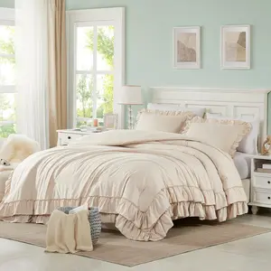 Beige Queen Comforter Set, 3 count Comforters Queen Size Ruffle Farmhouse Bedding Sets Queen with Comforter, Lightweight Soft Shabby Chic Bedding Comforter Set Fluffy for All Season