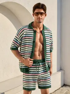 Men's Spring Summer Vacation Casual Loose Knit Sweater Set, Open Front Button Color Block Striped Design, Perfect for Pool Beach Outdoor