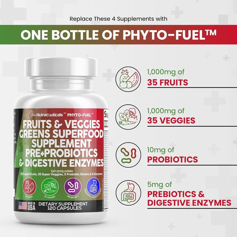 Clean Nutraceuticals Fruits & Veggies, Greens Superfood Supplement, Prebiotics, Probiotics & Digestive Enzymes for Gut Health Support Capsules – Phyto-Fuel