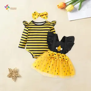 Baby Girl Fall Outfits Long Sleeve Striped Romper + Overalls Dress	+ Headband Set Infant Bee Clothes