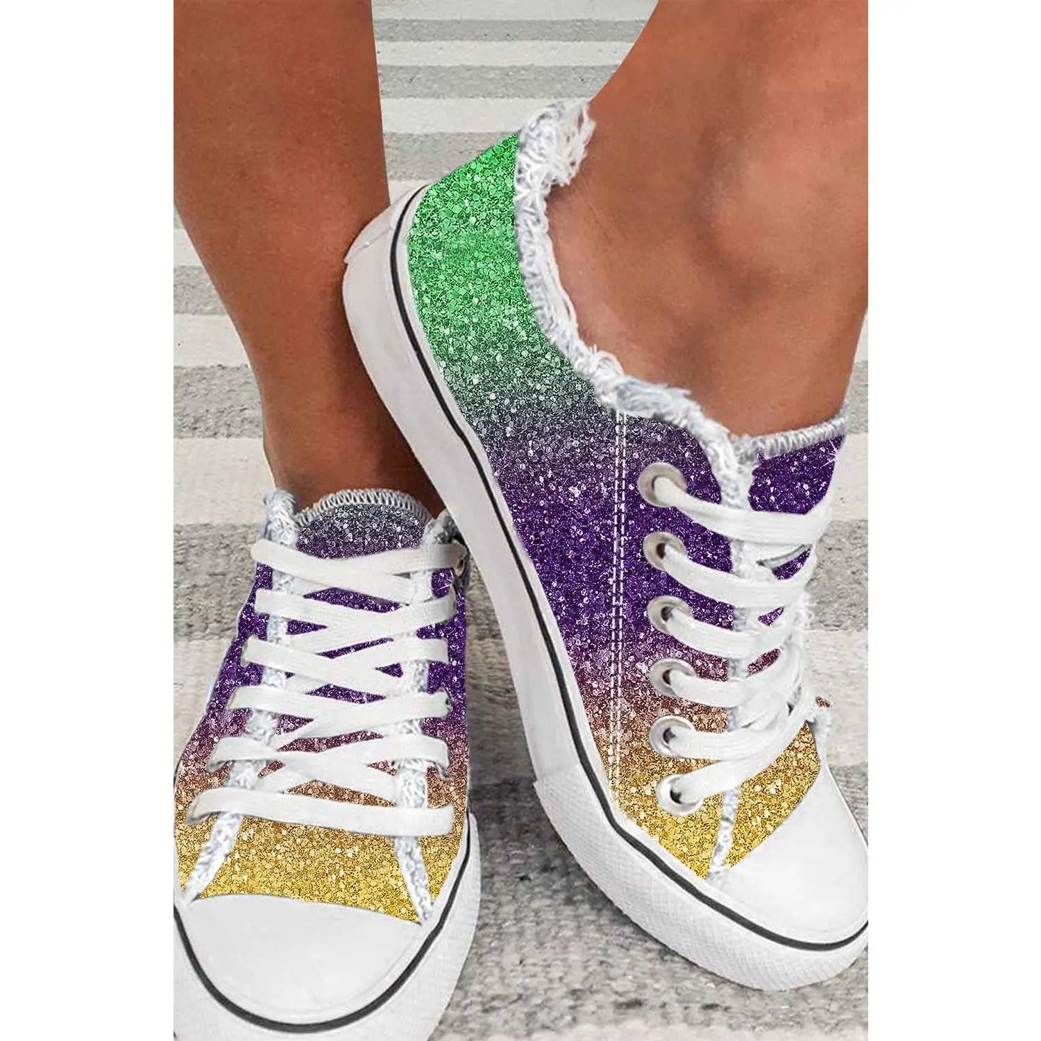 Multicolor Shiny Gradient Raw Hem Lace-up Flat Canvas Shoes