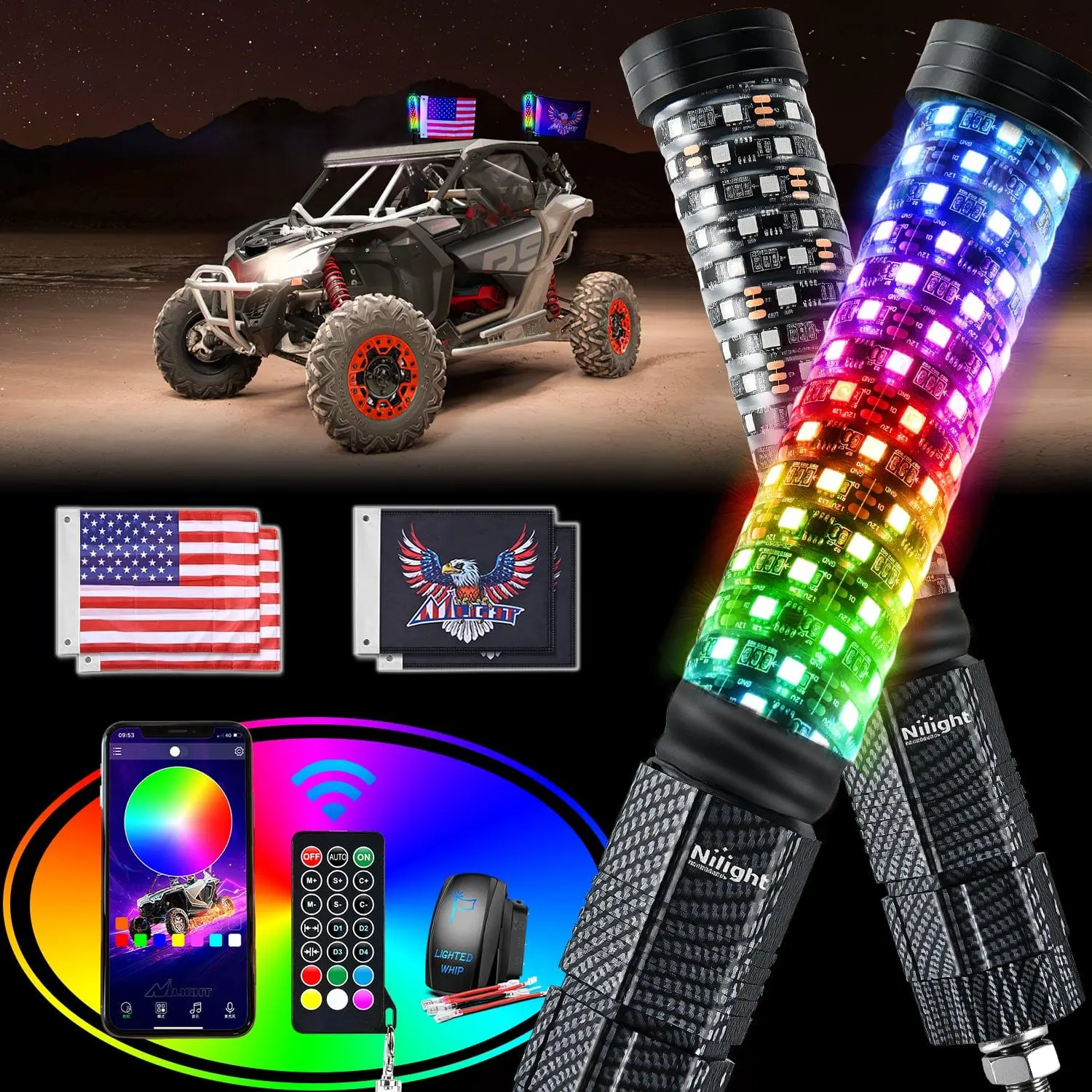 Nilight Sturdy 1Pc 2FT Spiral Antenna LED Fat Whip Light for ATV UTV Side by Side - Bluetooth Remote & App Control, 1.8In Bulbs, 360° Direction, High-Brightness, Music Sync, Color Adjustable RGB Novelty Lighting