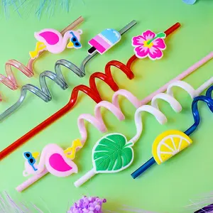 10-Pack Tropical Rainforest Cartoon Straws, Reusable Spiral Plastic Straws for Easter Party Decorations and Small Gifts