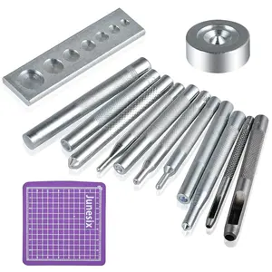 14Pcs Rivet Setter, Leather Die Punch Snap kit, Stainless Steel Rivet Setting Tool for Bag Making DIY Leather Crafts with Non Slip Base