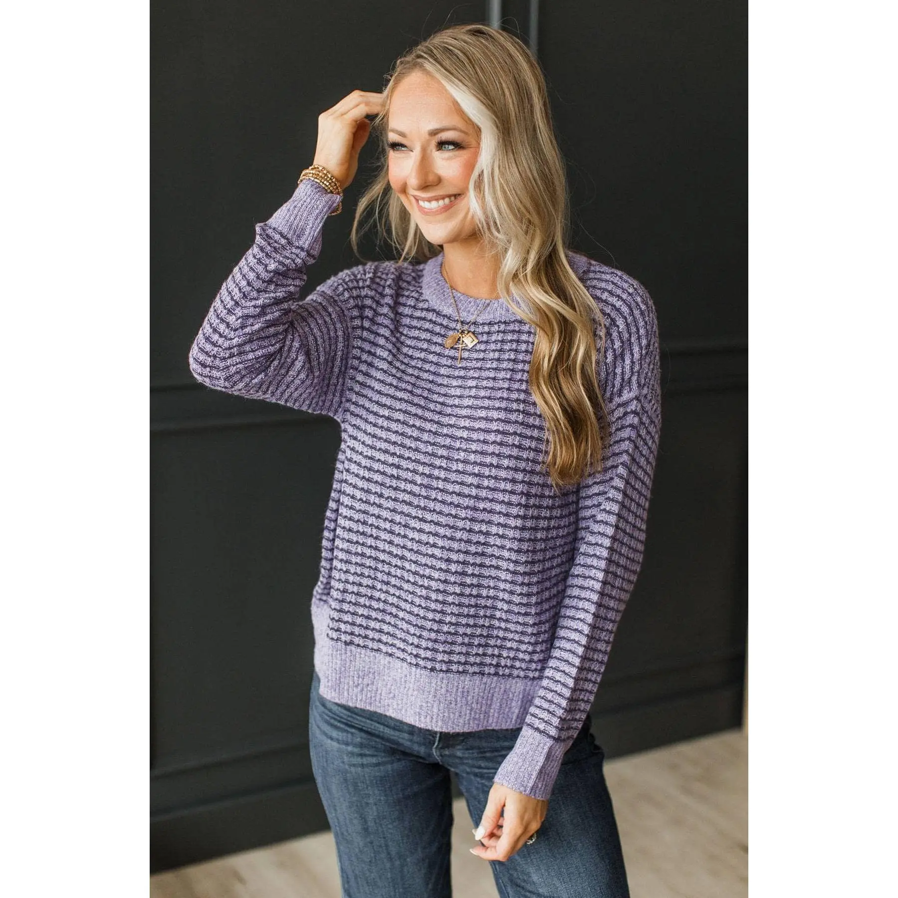 Homebody Heart Striped Knit Sweater- Purple