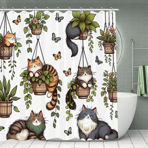 Cat & Plants Pattern Shower Curtain, Cute Cartoon Animal Pattern Bathroom Curtain, Bathroom Accessories for Home Dormitory Hotel Decor, Bathroom Decoration Accessories with 12 Hookss
