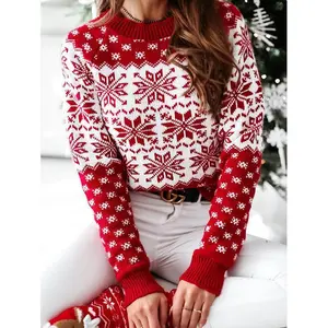 Women’s Christmas long-sleeve geometric snowflake knit crewneck sweater — ideal as a base layer