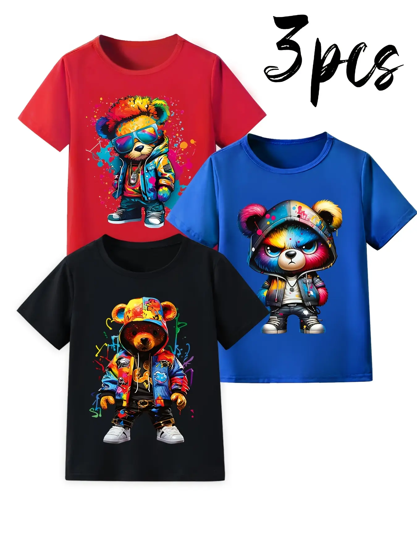 Boys' 3-Piece Knit T-Shirt Set - 100% Polyester Streetwear, Cartoon Bear Print Crew Neck Short-Sleeved Regular-Fit Tops, Soft Stretchy Machine-Washable Exquisite Workmanship Clothing, 3-4 Years, S