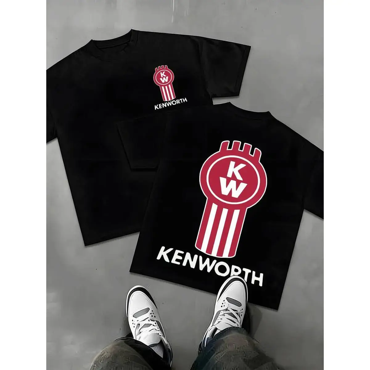 Features A Classic Kenworth Logo With The Iconic KW Emblem Inside A Rounded Badge Atop Vertical Stripes For A Timeless Truck Appeal Tshirt