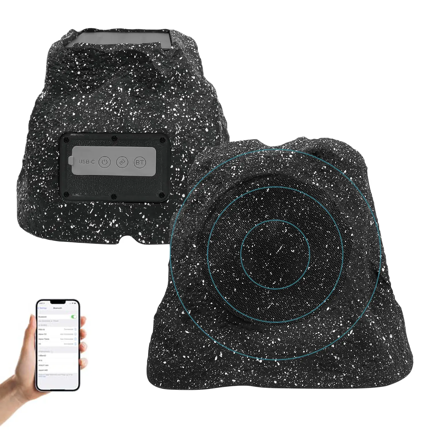 Herdio Rock 2025 New Wireless Bluetooth Speaker Receiver - Outdoor Waterproof Portable Solar-Powered Durable Resin Build (4/6.5/8 in), Rechargeable Batteries, TWS Connection, USB/Cord Compatible, Smartphone Pairing (Gray, Single Pack)