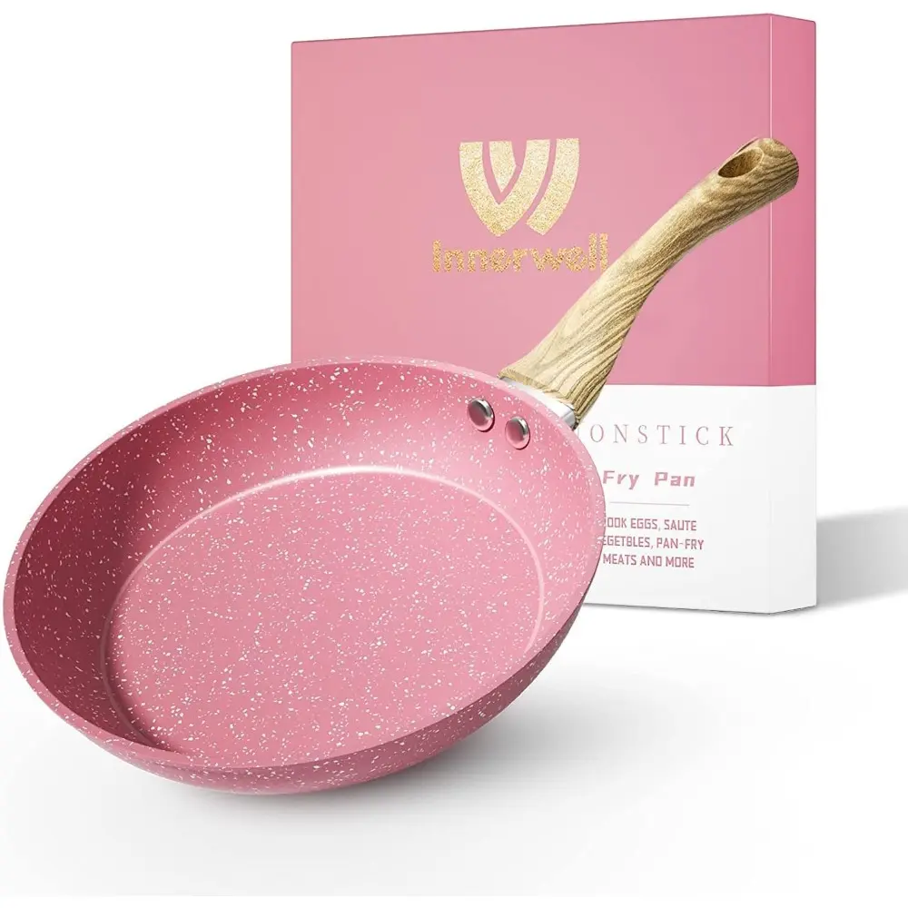 8-Inch Speckled Pink Nonstick Aluminium Egg Frying Pan - PFOA-Free Thick Stone Nonstick Kitchen Cookware Skillet with Wood Handle, Oil-Efficient, High Magnetic Conductive Base, Induction Compatible, Easy-Clean, Dishwasher Safe, Non Stick Surface