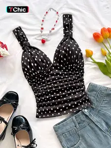 Women's Casual Fashion Polka Dot V-Neck Top Vest, Stylish Ladies' Outerwear, Perfect for Daily Wear & Trendy, Womenswear Fit