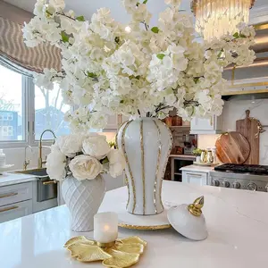 Ginger Jar 18" White Gold Ginger Jar Vase with Gold Trim, Porcelain Ceramic Vase for Home Decor, Vintage Style for Weddings and Parties