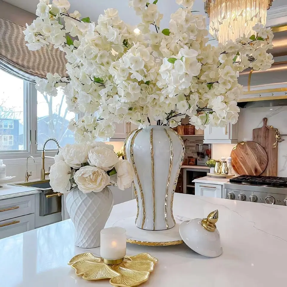 Ginger Jar 18" White Gold Ginger Jar Vase with Gold Trim, Porcelain Ceramic Vase for Home Decor, Vintage Style for Weddings and Parties