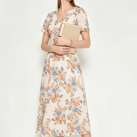 Womenswear Women's V-Neck Short-Sleeve Chiffon Midi Dress, Smocked Waist, Floral Print, Flowy Casual Sundress for Beach Vacation