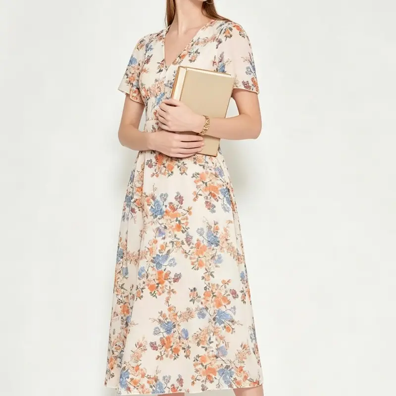 Womenswear Women's V-Neck Short-Sleeve Chiffon Midi Dress, Smocked Waist, Floral Print, Flowy Casual Sundress for Beach Vacation