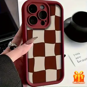 A Stylish Abstract Distorted Burgundy Checkered Phone cases Case Compatible with iPhone 17 Pro Max 16 16e 15 14 Plus 13 12 Mini 11 Air X XS Pattern TPU Lens Protection Durable Soft Cover Gift 2D printing