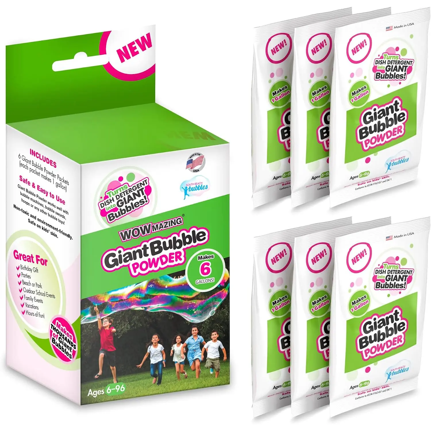 WOWmazing Big Bubble Refill Powder Mix (6 Packets) - Turns Dish Detergent into Giant Bubbles. Makes 6 GALLONS! - Made in USA