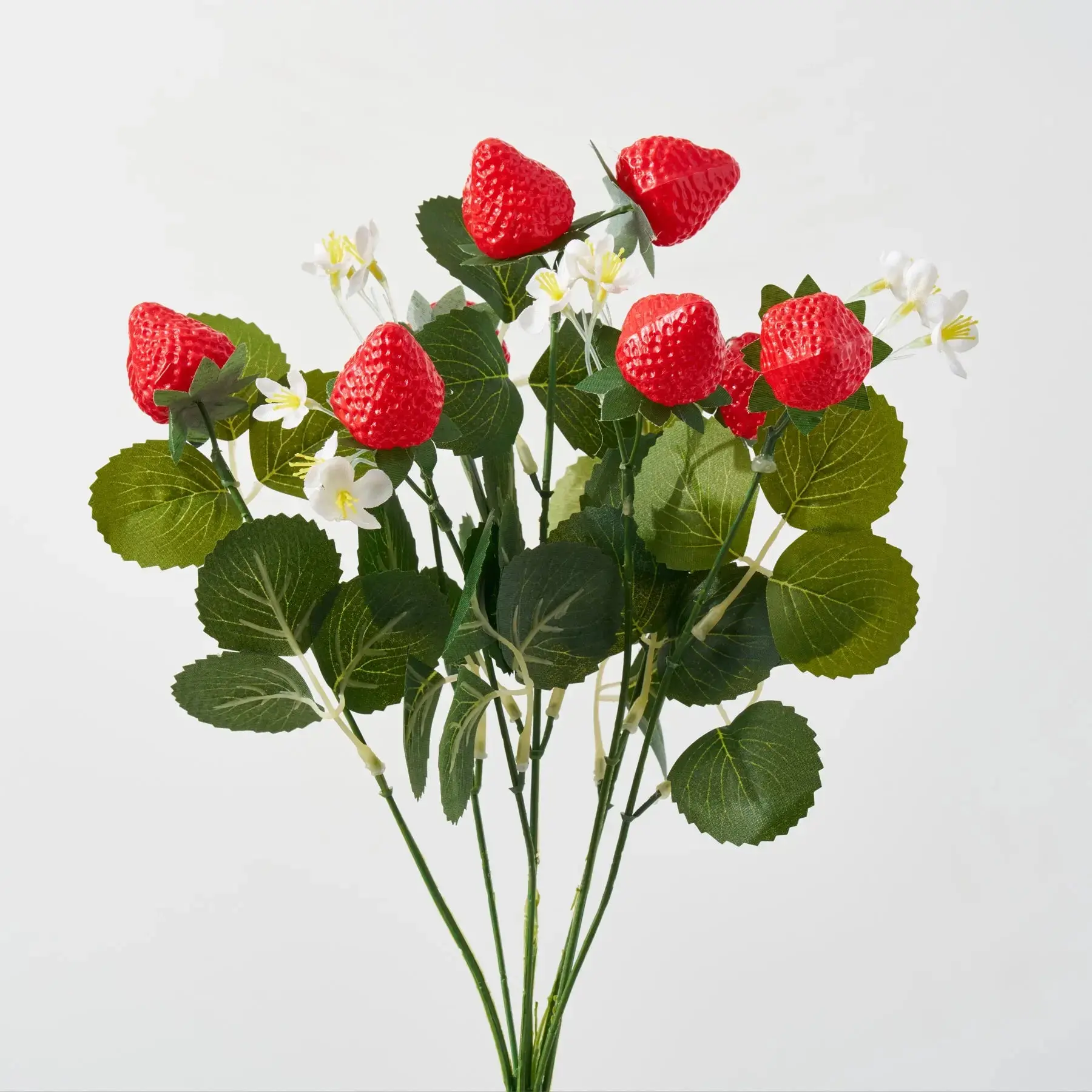 15" Artificial Strawberry Fruit & Flower Bush Branch Spray - Fake Plastic Plants with Leaves, Indoor Home Decor Ornaments