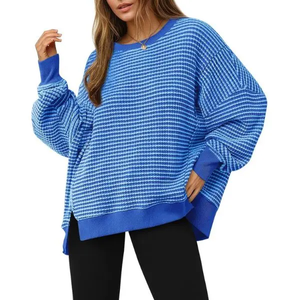 Fisoew Sports  2026 Summer Spring Women's Fall Oversized Sweatshirt Casual Waffle Knit Long Sleeve Crewneck Split Pullover Tunic Tops, Matching,back to school,back to school shopping