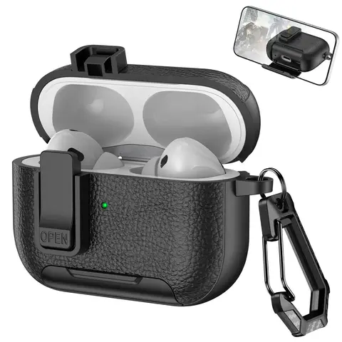 MagSafe Leather Case for AirPods Pro & In Ear AirPods (Models 1/2/3/4) - Protection, Shockproof, Scratch Resistant, Integrated Stand, Detachable Keychain, Lock Clip - Effortlessly Charge Compatible Audio Accessories (Game & Daily Use)