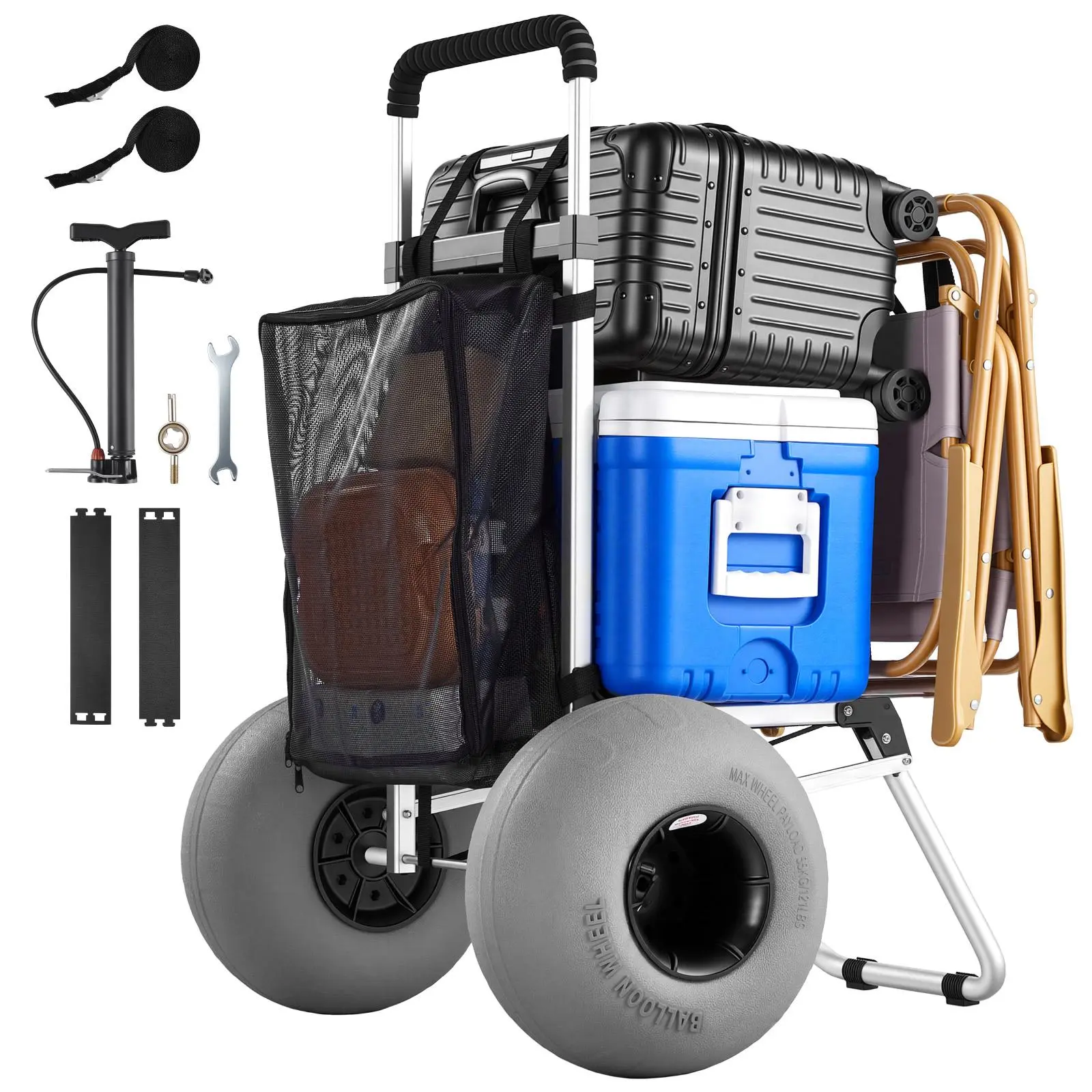 【SummerFinds】VEVOR Beach Dolly with Big Wheels for Sand, 20" x 15" Cargo Deck, Folding Sand Cart with 12" Balloon Wheels, 165 lbs Loading Capacity & 34" to 46" Adjustable Height, Heavy Duty Cart for Beach Camping