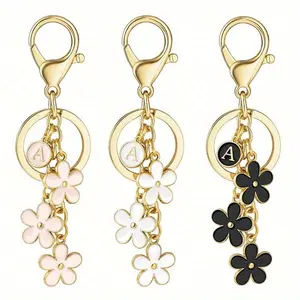 Initial Keychain White/Pink/Black Cute Keychain Kawaii Girl Purse Charms for Handbag Cute Letter Flower Keyring for Backpack