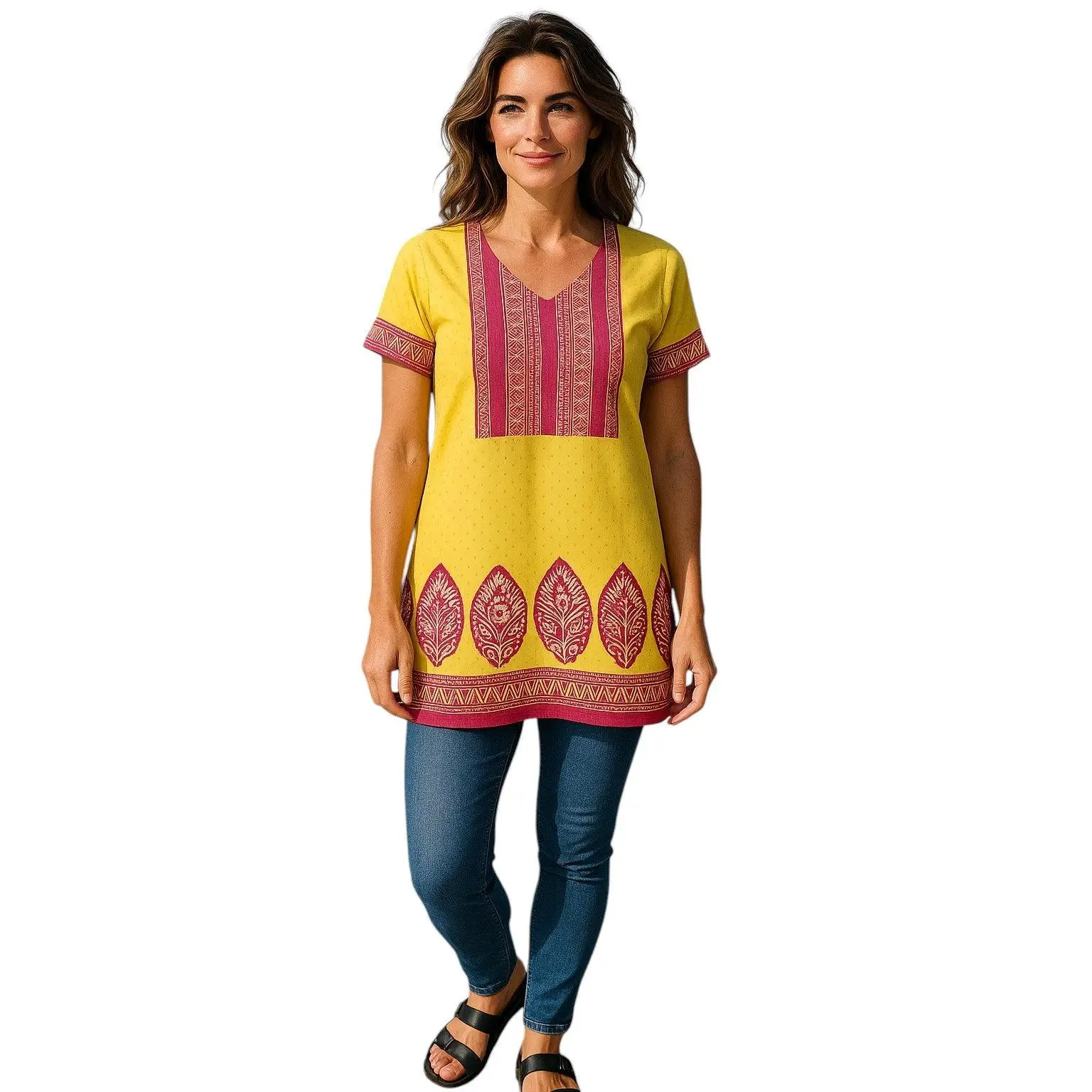 Indian Style Printed Kurtis for Women Short Crepe Kurti V-Neck, Short Sleeves Tunic Top Blouse. 3004-SS