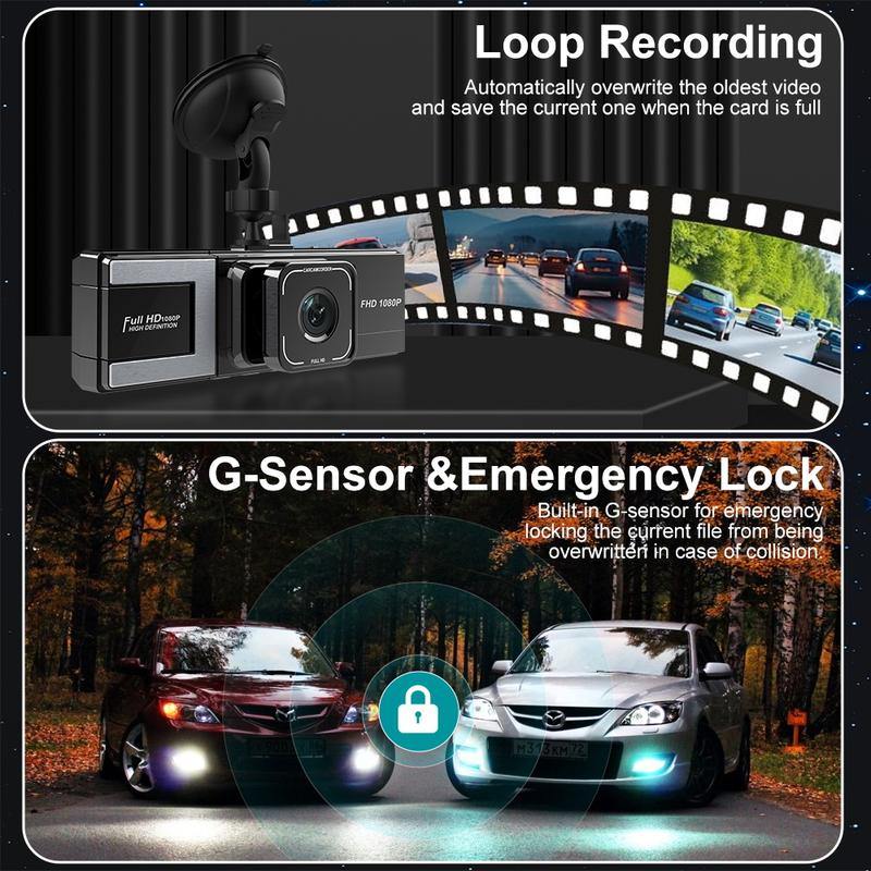 WHATOOK Wifi-1080P 3 Channel Dash Cam with 32GB Card, HDR, G-Sensor and 24Hr Parking Dash Cam for Cars